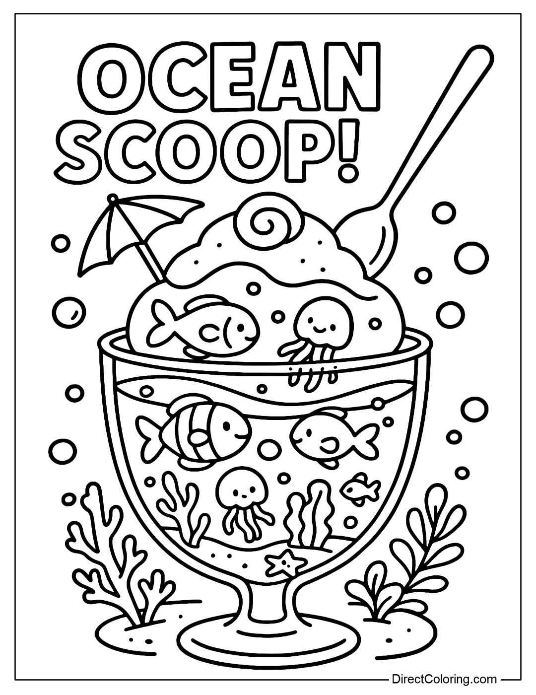Sundae ice cream cup coloring page with an underwater world inside. A spoon and umbrella on top.